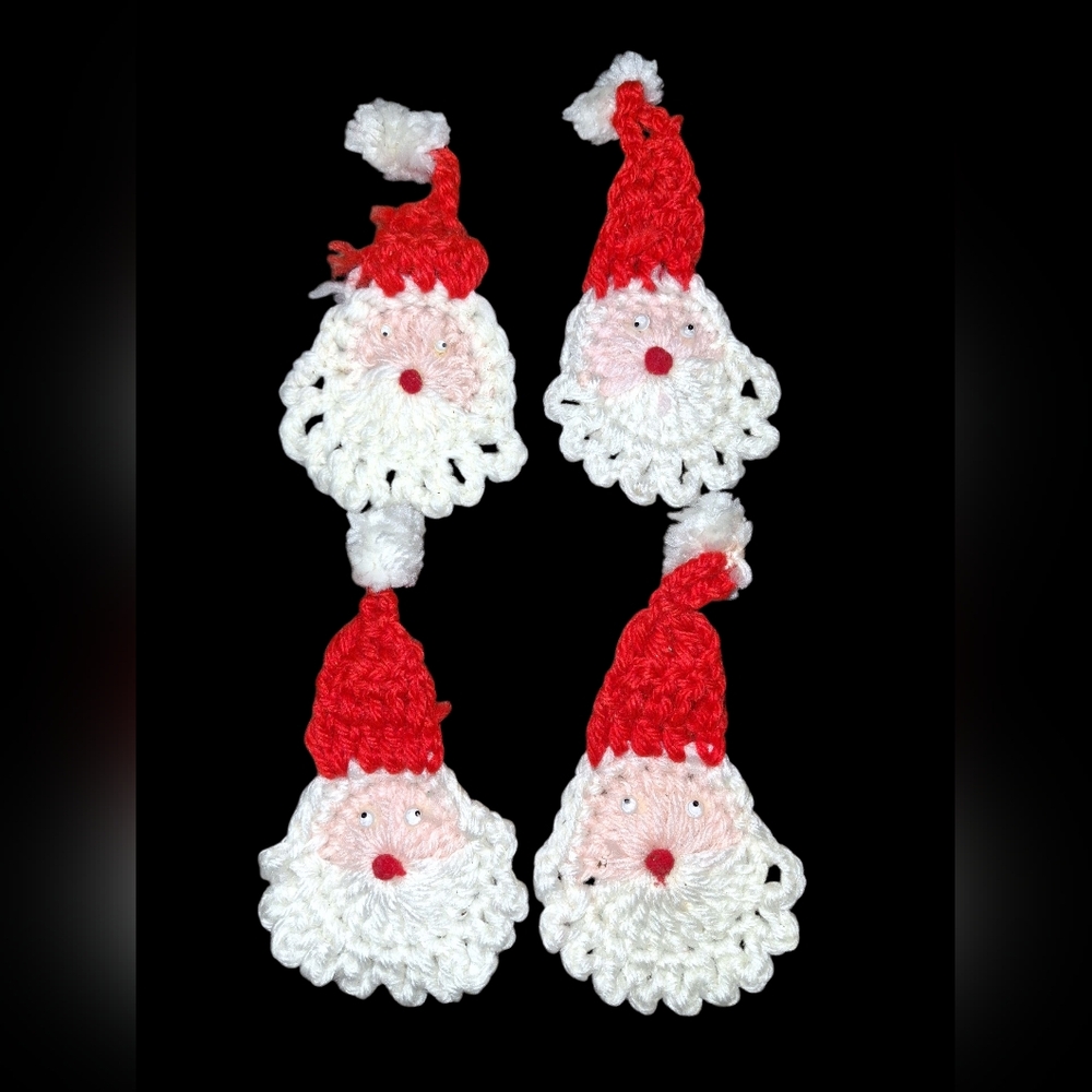 Handmade Set of 4 Handmade Santa Claus Crochet Ornaments - Red and White